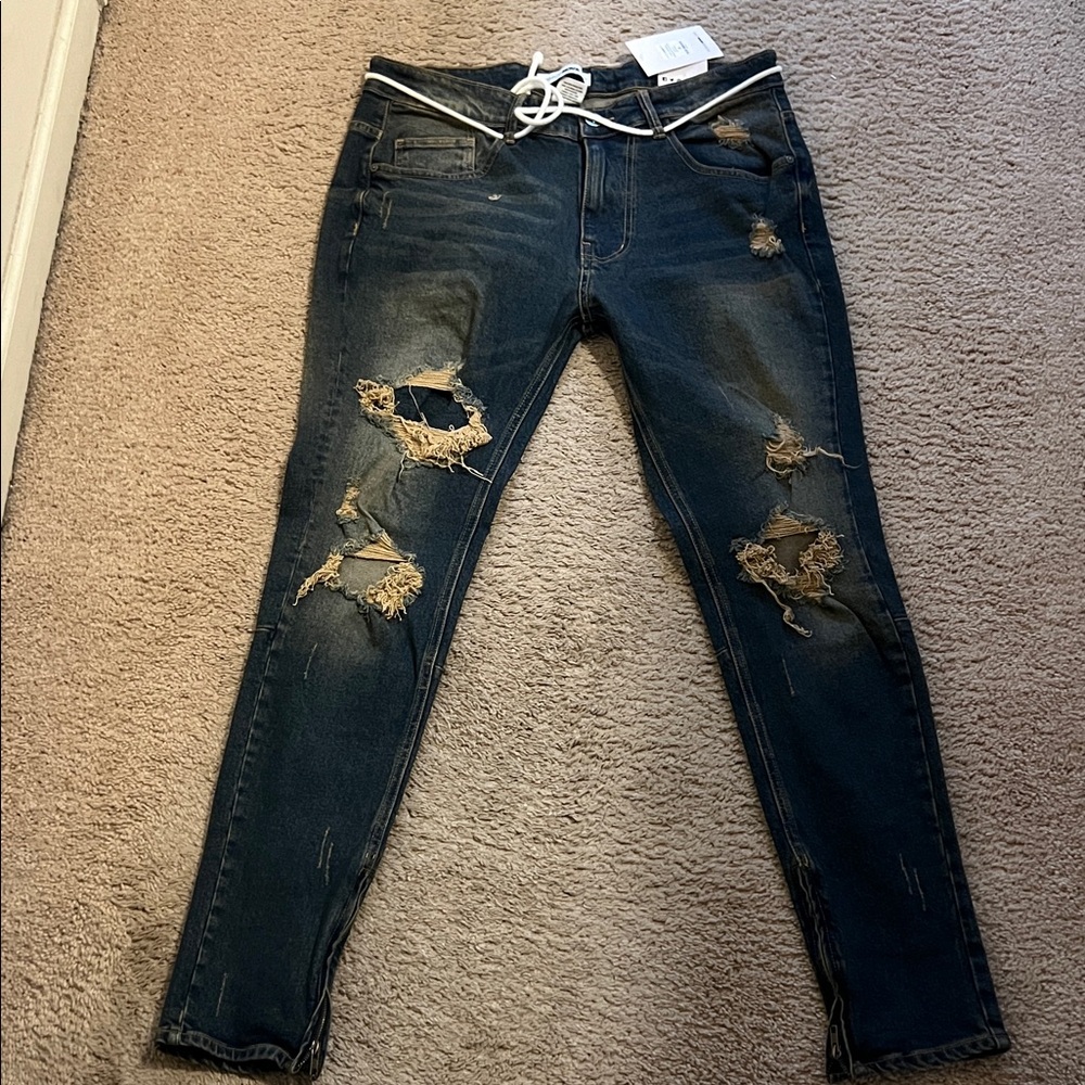 Fashion Nova Dark Blue Distressed Skinny Jeans